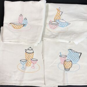 Vintage Tea Towel Set Embroidered Drinks Cocktail Pitcher Retro Pink Blue Yellow
